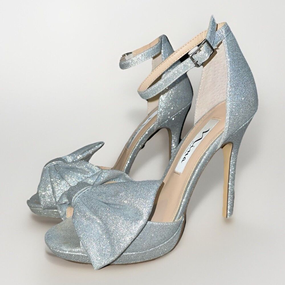 Nina Silver Glittery Open Toe Bow Ankle Strap Heeled Sandals Size 7